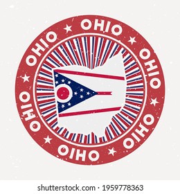 Ohio round stamp. Logo of us state with state flag. Vintage badge with circular text and stars, vector illustration.