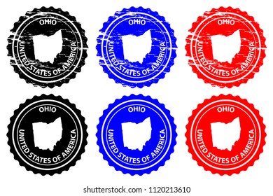 Ohio - rubber stamp - vector, Ohio (United States of America) map pattern - sticker - black, blue and red 