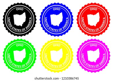 Ohio - rubber stamp - vector, Ohio (United States of America) map pattern - sticker - blablack, blue, green, yellow, purple and red 