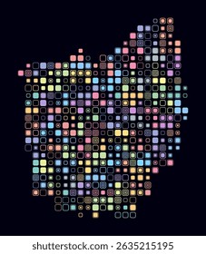 Ohio, shape of the state build of colored cells. Digital style map of the Ohio on dark background. Large size rounded square blocks. Amazing vector illustration.