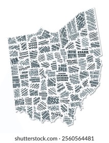 Ohio shape text cloud. State border with shadow on white background. Ohio with counties division in vintage gazette style. Classy vector illustration.