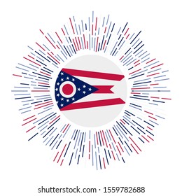 Ohio sign. Us state flag with colorful rays. Radiant sunburst with Ohio flag. Vector illustration.