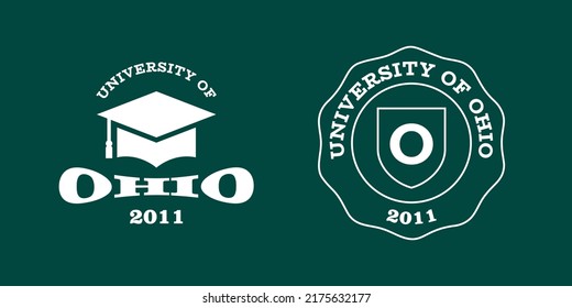 Ohio slogan typography graphics for t-shirt. University print and logo for apparel. T-shirt design with shield and graduate hat. Vector illustration.