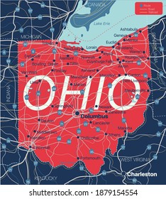 Ohio state detailed editable map with cities and towns, geographic sites, roads, railways, interstates and U.S. highways. Vector EPS-10 file, trending color scheme