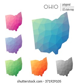 Ohio state map in geometric polygonal style. Set of Ohio state maps filled with abstract mosaic, modern design background. Multicolored state map in low poly style.