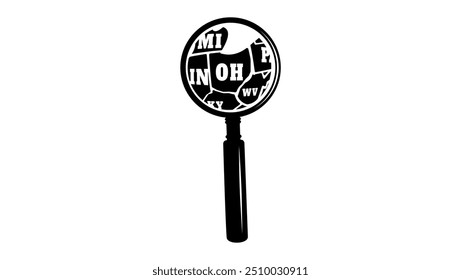 Mapa del estado de OHIO en lupa, silueta aislada negra
