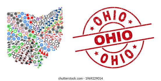 Ohio State map mosaic and dirty Ohio red round seal. Ohio seal uses vector lines and arcs. Ohio State map mosaic includes markers, houses, showers, bugs, wine glasses, and more pictograms.
