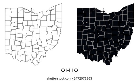 Ohio mapa estatal de regiones distritos Vector negro sobre blanco y contorno