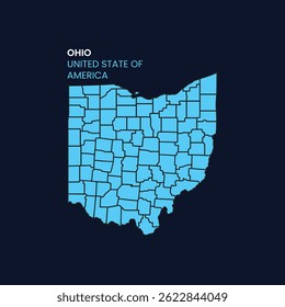 Mapa estadual de Ohio de regiões distritos vetor preto em branco e contorno. Mapa vetorial detalhado - Ohio. Estado de Ohio isolado em um fundo branco, mapa dos EUA.