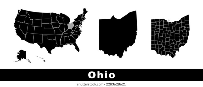 Ohio state map, USA. Set of Ohio maps with outline border, counties and US states map. Black and white color vector illustration.