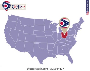 Ohio State on USA Map. Ohio flag and map. US States.