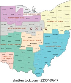 Ohio state regions map with counties. Colored. Vectored