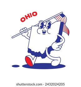 Mascota retro del estado de Ohio con la mano y el pie clip art. USA Map Pegatinas de dibujos animados retro con divertidos personajes cómicos y manos enguantadas. Plantilla vectorial para sitio web, diseño, portada, infografías.