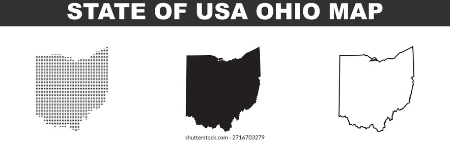 Ilustraciones de mapas del estado de Ohio, Estados Unidos, en diferentes estilos, con puntos y contornos sólidos