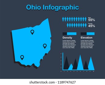 Ohio State (USA) Map with Set of Infographic Elements in Blue Color in Dark Background. Modern Information Graphics Element for your design.