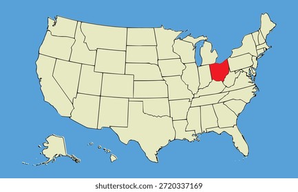 Estado de Ohio, EE.UU., mapa de Vector aislado en el mapa de Estados Unidos. Alta ilustración detallada. Estilo plano. Ilustración vectorial