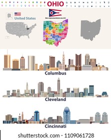 Ohio state vector congressional districts map and major cities skylines