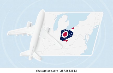 Ohio Travel Illustration with Plane and National Flag. Ideal for travel agencies, promotional materials, or geographic content related to Ohio.