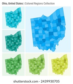 Ohio, Estados Unidos. Colección de mapas. Forma Estado. Condados coloreados. Paletas de colores azul claro, cian, verde azulado, verde claro, verde lima. Frontera de Ohio con los condados. Ilustración vectorial.