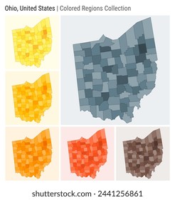 Ohio, United States. Map collection. State shape. Colored counties. Blue, Grey, Yellow, Amber, Orange, Deep Orange, Brown color palettes. Border of Ohio with counties. Vector illustration.