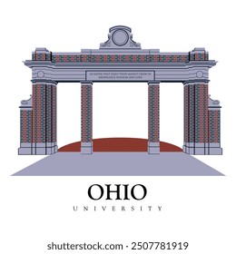 Ohio University with white background. ohio university main entrance gate illustration and print ready eps and vector file. 4 pillars of ohio university entrance exams for bachelors