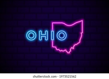 ohio US state glowing neon lamp sign Realistic vector illustration Blue brick wall glow