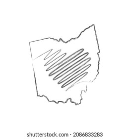 Ohio US state hand drawn pencil sketch outline map with heart shape. Continuous line drawing of patriotic home sign. A love for a small homeland. T-shirt print idea. Vector illustration.
