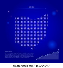 Ohio US state illuminated map with glowing dots. Infographics elements. Dark blue space background. Vector illustration. Growing chart, lorem ipsum text.
