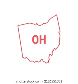 Ohio US-Staatskarte rote Umrissgrenze. Vektorgrafik einzeln auf Weiß. Zweibuchstabige Abkürzung. Bearbeitbarer Strich. Passen Sie das Zeilengewicht an.