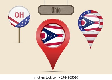 Ohio US state round flag. Map pin, red map marker, location pointer. Hanging wood sign in vintage style. Vector illustration. American stars and stripes flag. Two-letter state abbreviation.