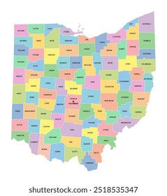 Ohio, estado de EE.UU., subdividido en 88 condados, mapa político multicolor con capital Columbus, fronteras y nombres de condados. Estado en la región del Medio Oeste de Estados Unidos. Buckeye State, y Heart Of It All.