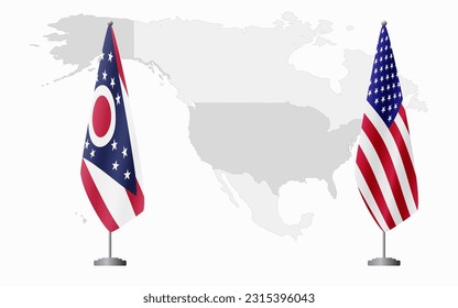 Ohio, banderas de EE.UU. y EE.UU. para una reunión oficial contra el fondo del mapa mundial.