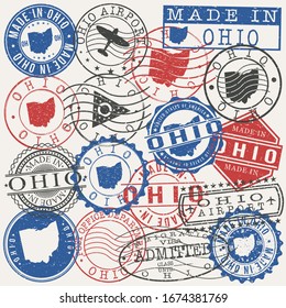 Ohio, USA Set of Stamps. Travel Passport Stamps. Made In Product. Design Seals in Old Style Insignia. Icon Clip Art Vector Collection.
