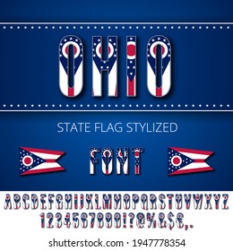 Ohio USA state flag font. Alphabet, numbers and symbols stylized by state flag. Vector typeset