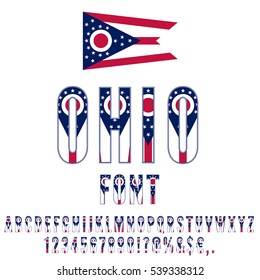 Ohio USA state flag font. Alphabet, numbers and symbols stylized by state flag. Vector typeset