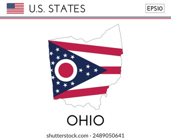 Forma del mapa del estado de Ohio USA con la bandera. Mapa de Ohio en los colores de la bandera de Ohio. Mapa de esquema relleno con los colores de la marca. Ilustración vectorial.