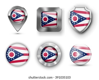 Ohio  USA State Metal and Glass Flag Badges, Buttons, Map marker pin and Shields. Vector illustrations