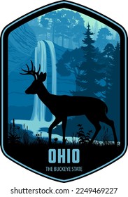 Ohio vector label with white-tailed deer near Ash Cave in Hocking Hills State Park