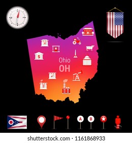 Ohio Vector Map, Night View. Compass Icon, Map Navigation Elements. Pennant Flag of the United States. Vector Flag of Ohio. Various Industries, Economic Geography Icons.