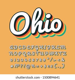 Ohio vintage 3d vector lettering. Retro bold font, italic typeface with rainbow shadow. Pop art, old school style letters, numbers, symbols pack. 90s, 80s poster design. Yellow color background