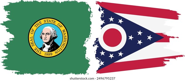 Ohio and Washington states grunge brush flags connection, vector