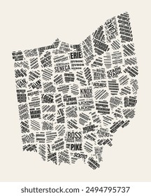 Ohio Word Cloud. State with counties division. Ohio typographic text clouds vector image design. Vintage gazette style state shape image. Elegant vector illustration.