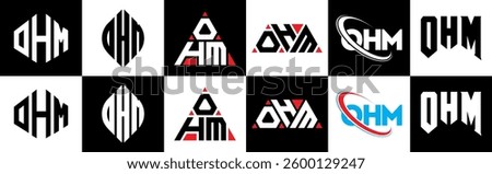 OHM letter logo design in six style. OHM polygon, circle, triangle, hexagon, flat and simple style with black and white color variation letter logo set in one artboard. OHM minimalist and classic