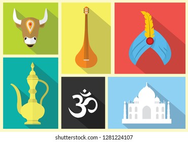 ohm, turban, taj mahal, cow, tanpura, jar vector icon with colourful background.