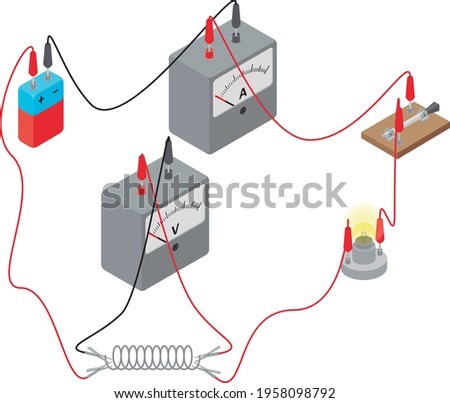 Ohm's law diagram. Isolated vector illustration of an electrical circuit made of a lamp, a battery, a switch, a resistance, an ammeter and a voltmeter, in isometric view over white background.