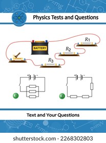 Ohms Law diagram. Physical experiment showing a simple electric circuit including current voltage resistance and relation between them. Practical laboratory work at physics lesson school.