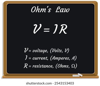 Ohm's Law Formula on a black chalkboard. Education. Science. Formula. Vector illustration.