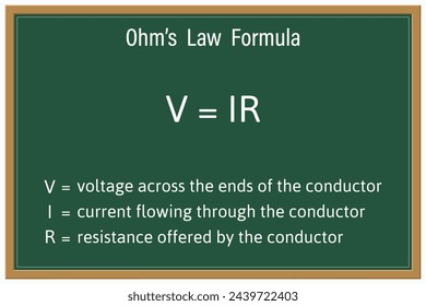 Ohm's Law on a green chalkboard. Education. Science. Formula. Vector illustration.