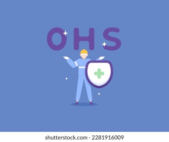 OHS or Occupational health and safety. Occupational Health and Safety Management System. protection for workers from all risks of harm. an industrial worker, laborer, and shield. illustration concept 