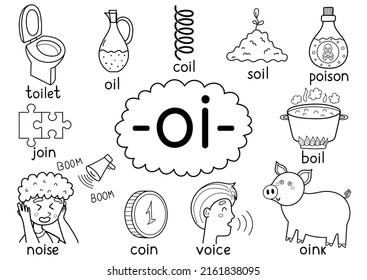 Oi digraph spelling rule black and white educational poster for kids with words. Learning -oi- phonics sound for school and preschool. Vector illustration